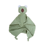 Green baby comfort blanket with wombat design on a white background