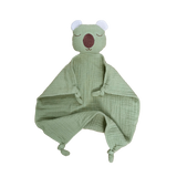 Green baby comfort blanket with wombat design on a white background