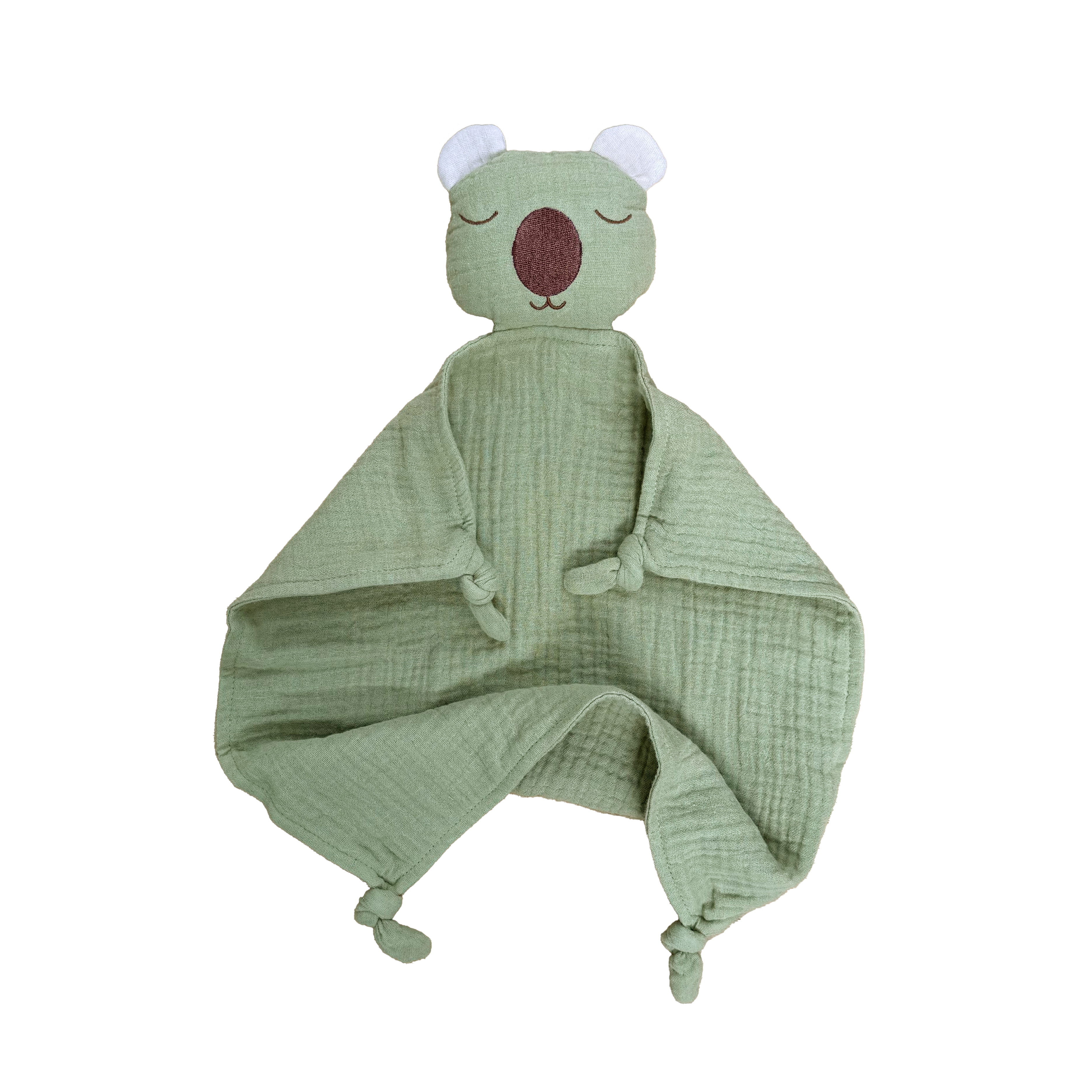 Green baby comfort blanket with wombat design on a white background