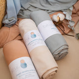 Organic jersey swaddle & beanie or topknot set in Fog