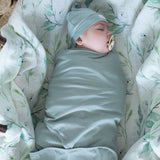 Organic jersey swaddle & beanie or topknot set in Mineral