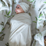 Organic jersey swaddle & beanie or topknot set in Fog