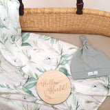 Organic jersey swaddle & beanie or topknot set in Mineral